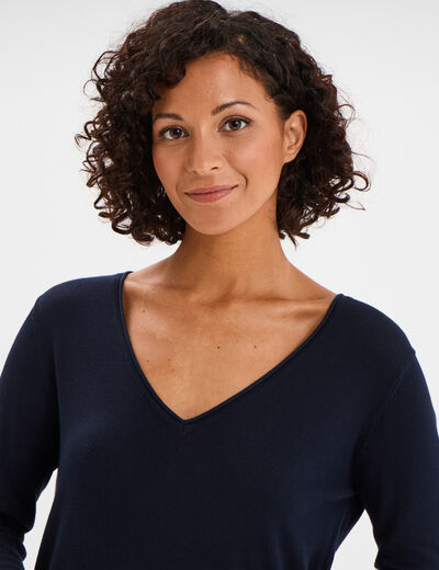 Pull ajusté avec col en V bleu marine femme