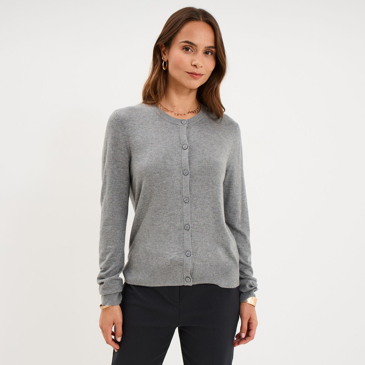 Gilet col rond manches longues gris femme