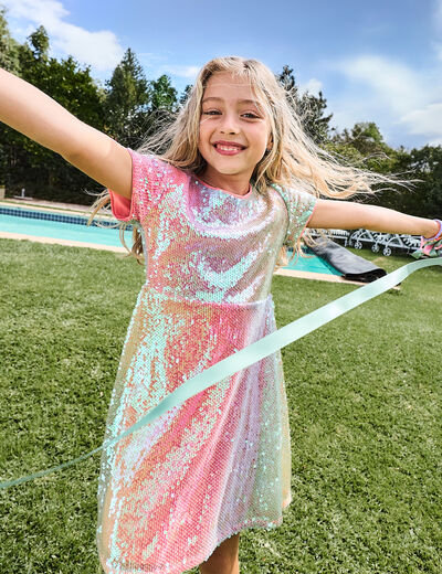 Robe à sequins manches courtes multicolore fille