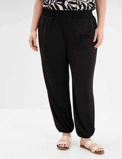 Pantalon sarouel cr&ecirc;pe &eacute;lastiqu&eacute; fluide noir femme grande taille