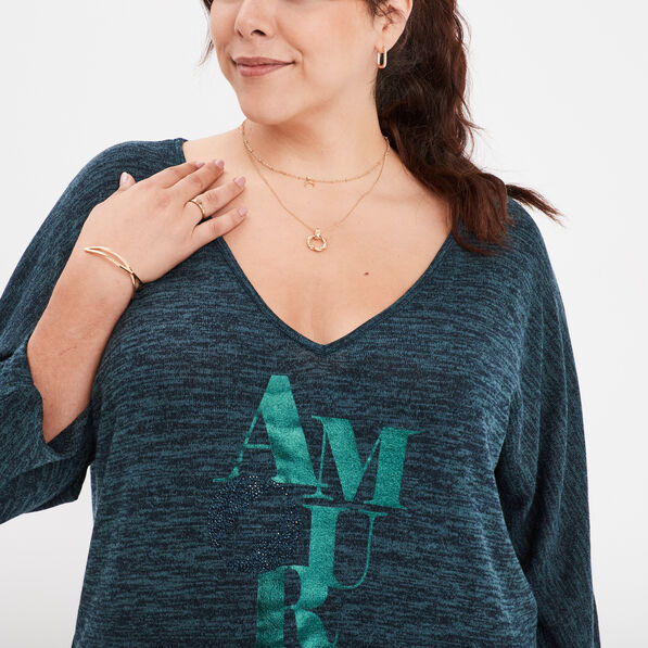 pull manches 34 chauve souris col v bleu canard femmegt Pull manches 3/4 chauve-souris col V bleu canard femme grande taille