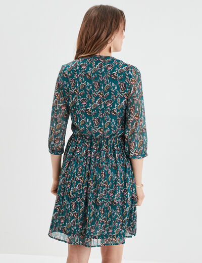 Robe évasée bas plissé manches 3/4 vert foncé femme