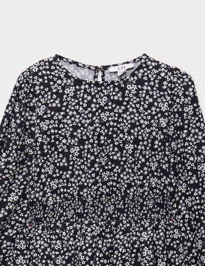 Robe courte patineuse &agrave; volants smock&eacute;e noir fille