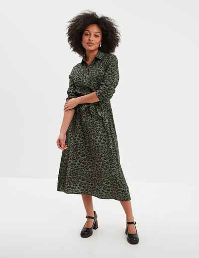 Robe chemise midi nouée Liberto vert kaki femme
