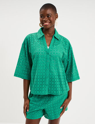 Chemise broderie anglaise coton vert canard femme
