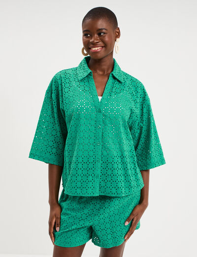 Chemise broderie anglaise coton vert canard femme