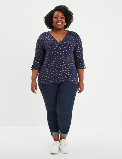 T-shirt manches 3/4 bandes ajourées bleu marine femme grande taille