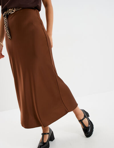 Jupe effet satin midi évasée beige femme