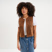 Veste sans manches brod&eacute;e en su&eacute;dine marron femme