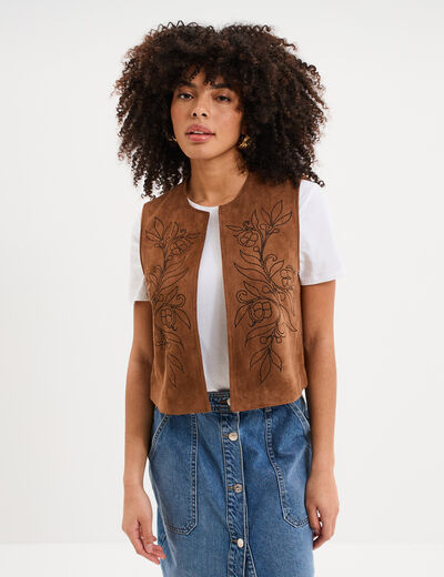 Veste sans manches brod&eacute;e en su&eacute;dine marron femme