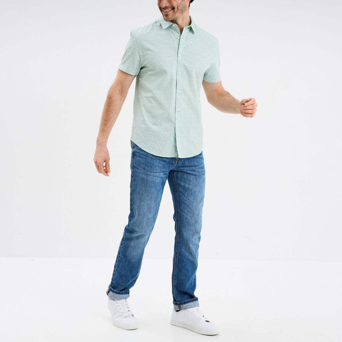 Chemise droite manches courtes coton vert pastel homme