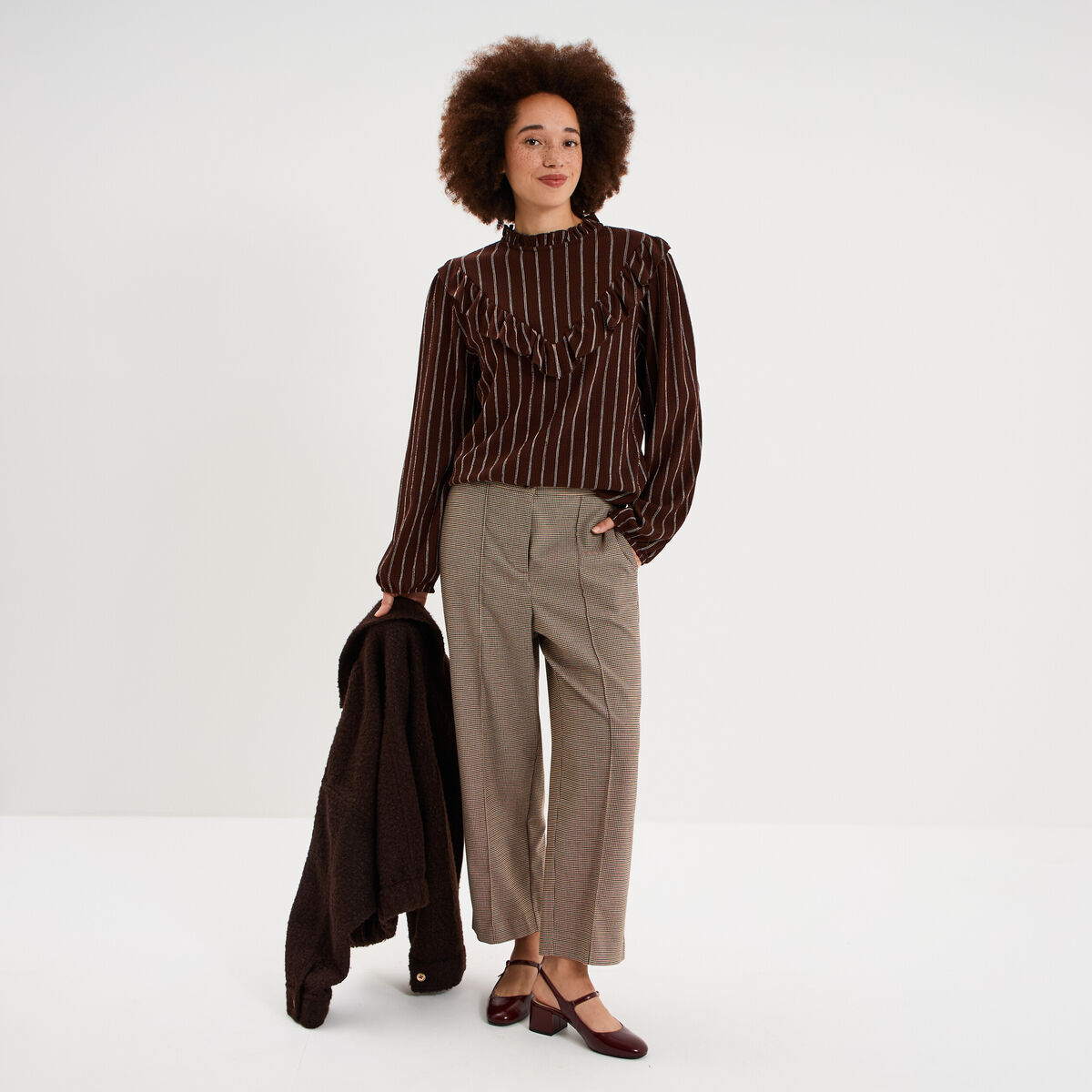 Pantalon droit cropped taille haute marron femme