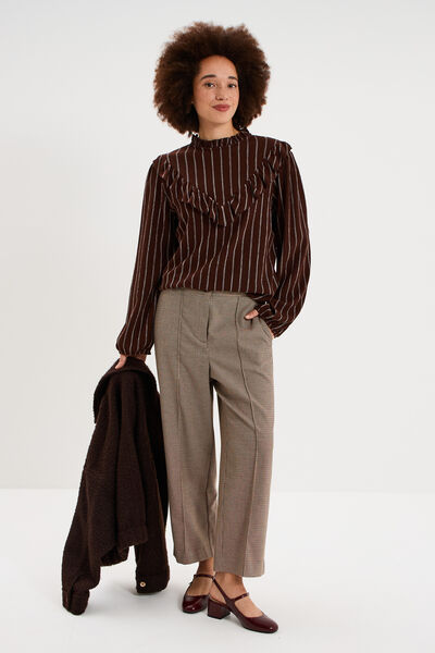 Pantalon droit cropped taille haute marron femme