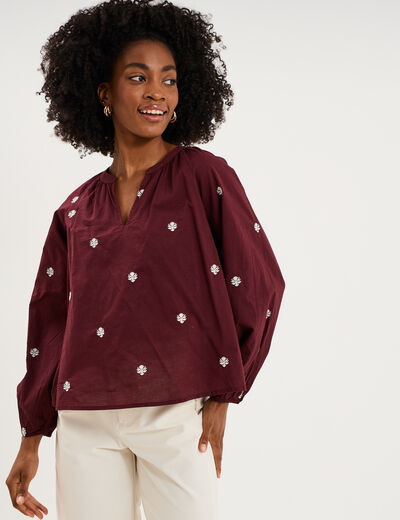 Blouse brod&eacute;e col tunisien coton violet fonc&eacute; femme