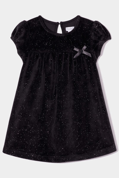 Robe velours à paillettes et noeud noir bébé fille