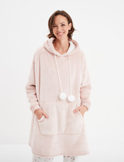 Poncho plaid polaire à capuche vieux rose femme