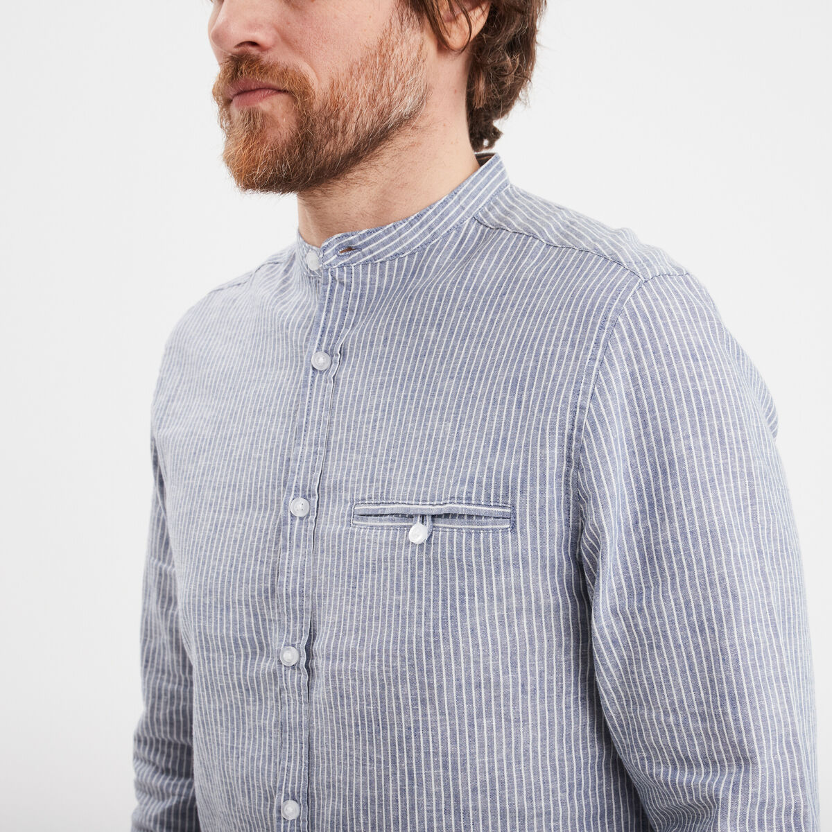 Chemise col mao manches longues bleu homme