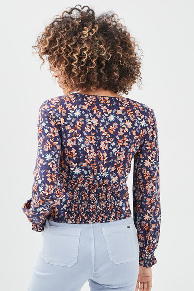 Chemise fleurie col V bleu marine femme