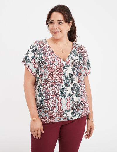 T-shirt col en V manches courtes ecru femme grande taille