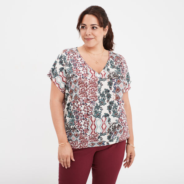 T-shirt col en V manches courtes ecru femme grande taille