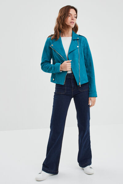 Veste esprit biker effet suédine bleu canard femme