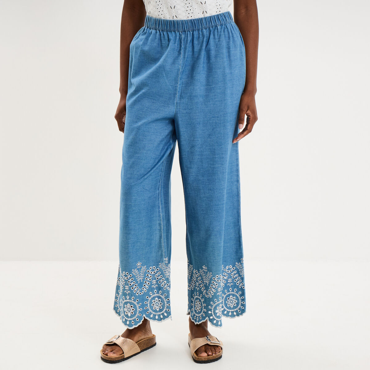 Pantalon avec broderie taille haute denim double stone femme