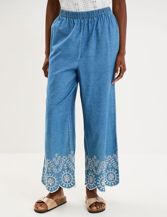 Pantalon avec broderie taille haute denim double stone femme