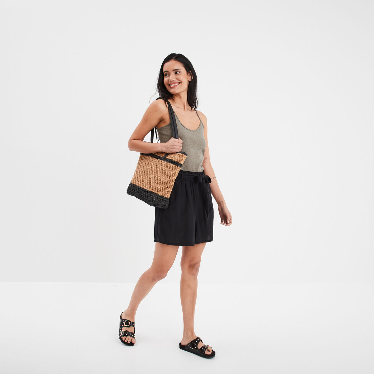 Short paperbag ceintur&eacute; lin m&eacute;lang&eacute; noir femme
