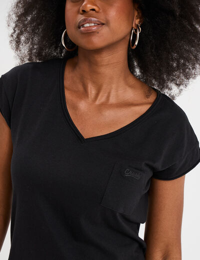 T-shirt col v poche poitrine Creeks noir femme