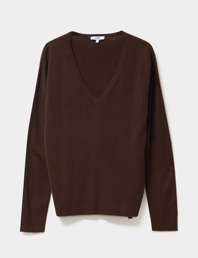 Pull col en V manches longues marron fonc&eacute; femme