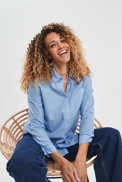 Chemise manches longues en coton bleu femme