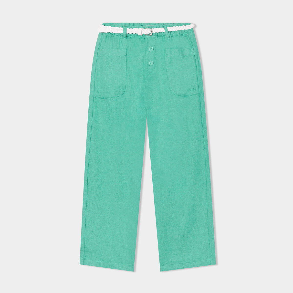Pantalon large fluide ceinturé en lin vert menthe fille
