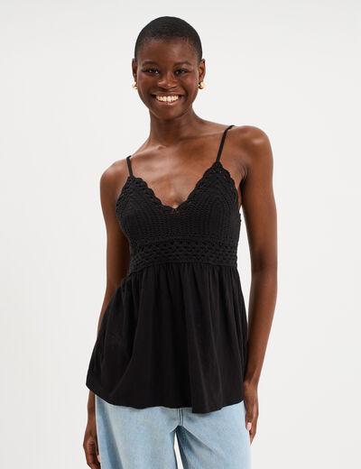 D&eacute;bardeur effet crochet col V coton noir femme