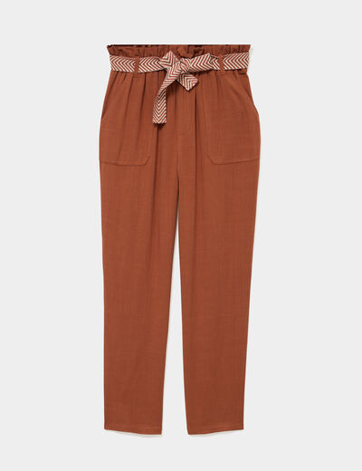 Pantalon paperbag &eacute;lastiqu&eacute; m&eacute;lange lin camel femme