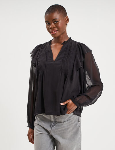 Blouse volants &eacute;paules et col noir femme