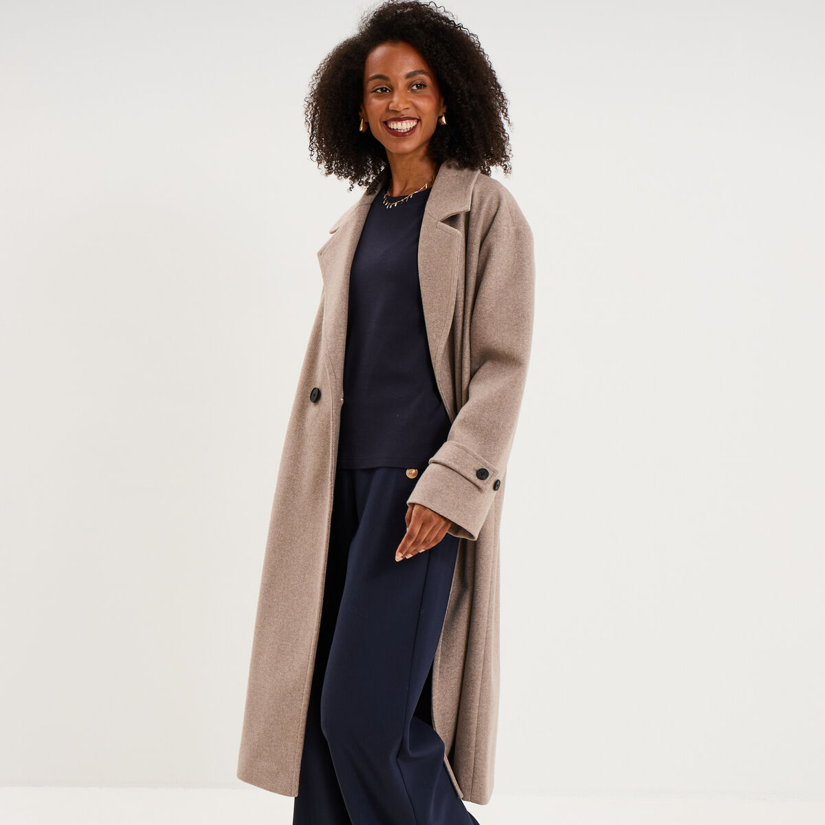 Manteau oversize double boutons long beige femme