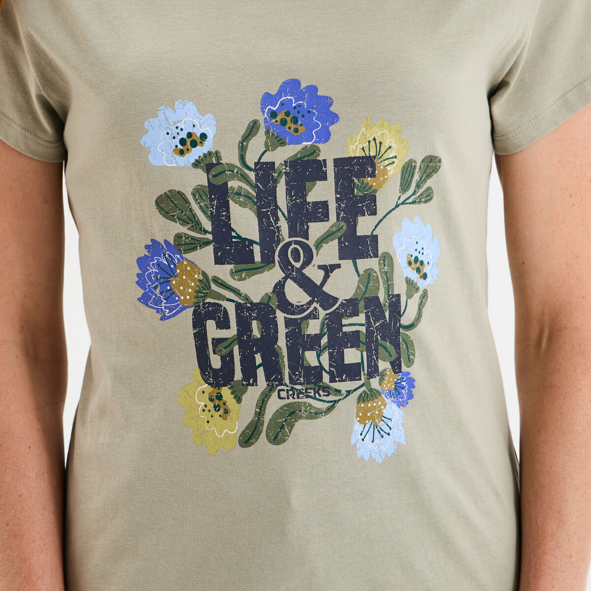 T-shirt ajusté col rond coton Creeks vert kaki femme