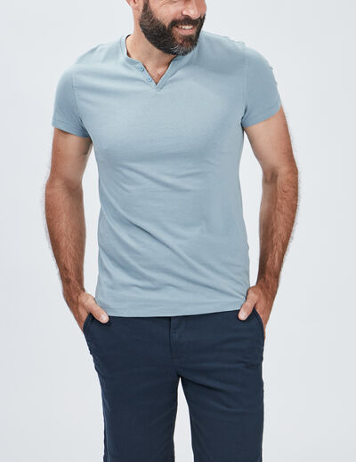 T-shirt manches courtes col tunisien bleu gris homme