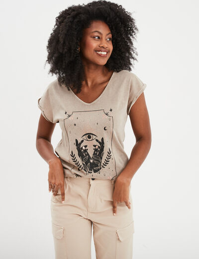 T-shirt coton col en V manches courtes vert kaki femme