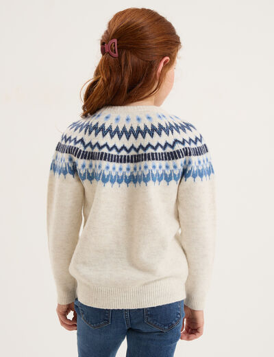 Pull jacquard col rond manches longues ecru fille