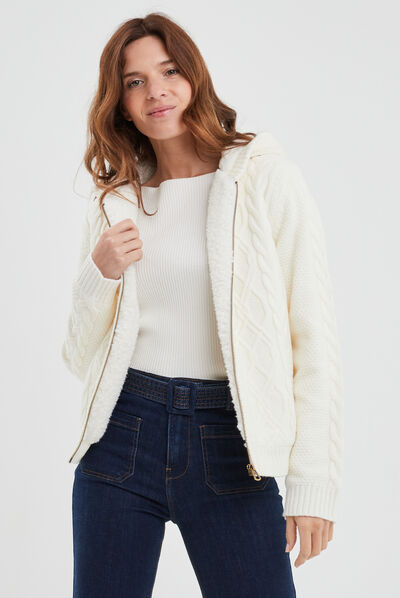 Gilet zippé doublure sherpa à capuche ecru femme