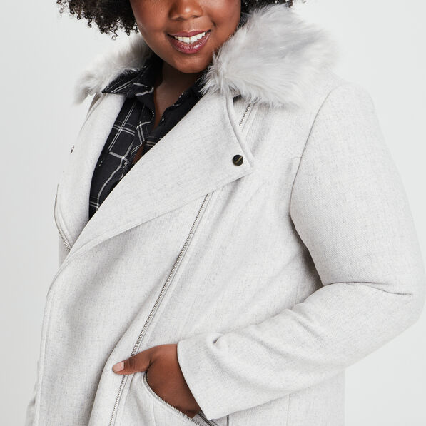 manteau mi long col imitation fourrure gris femmegt Manteau mi-long col imitation fourrure gris femme grande taille