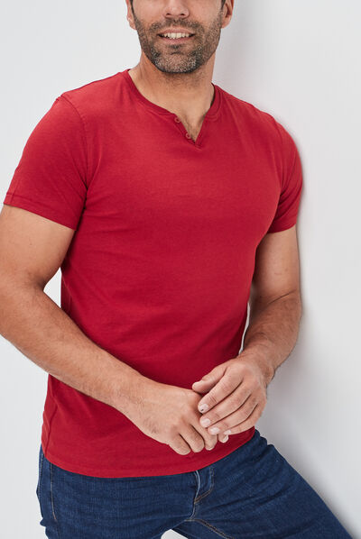 T-shirt manches courtes col tunisien bordeaux homme