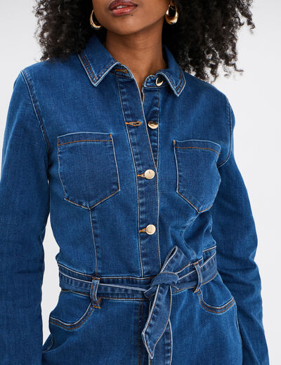 Robe chemise en jean ceinturée coton denim stone femme