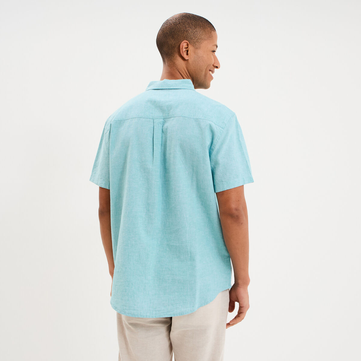 Chemise manches courtes lin m&eacute;lang&eacute; bleu turquoise homme