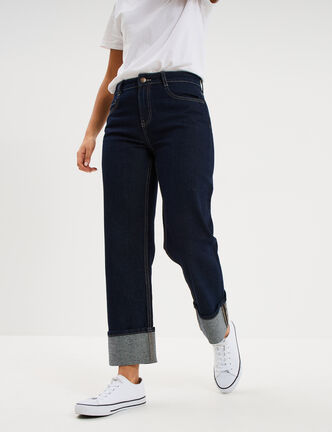Jean droit cropped bas revers denim brut femme