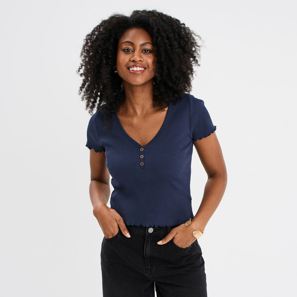 T-shirt court effet côtelé col en V bleu marine femme