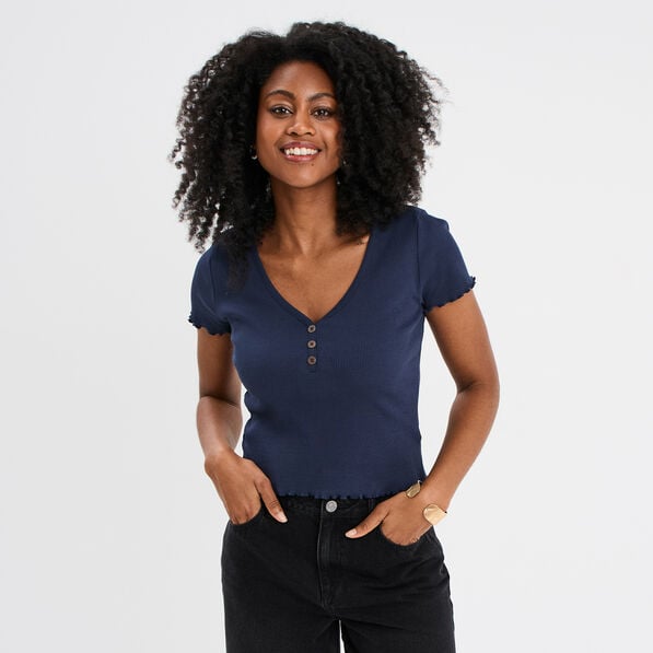 t shirt court effet cotele col en v bleu marine femme T-shirt court effet côtelé col en V bleu marine femme