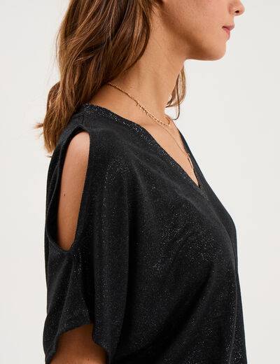 T-shirt fluide &eacute;paules d&eacute;nud&eacute;es col en V noir femme