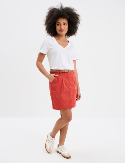 Jupe chino droite ceinture tressée rouge corail femme